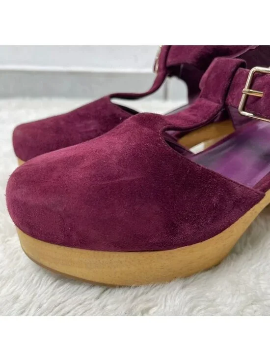 Charlotte Stone Maud T-Strap Clogs Burgundy Suede Wooden Platform Heels Size 8 - Picture 4 of 16